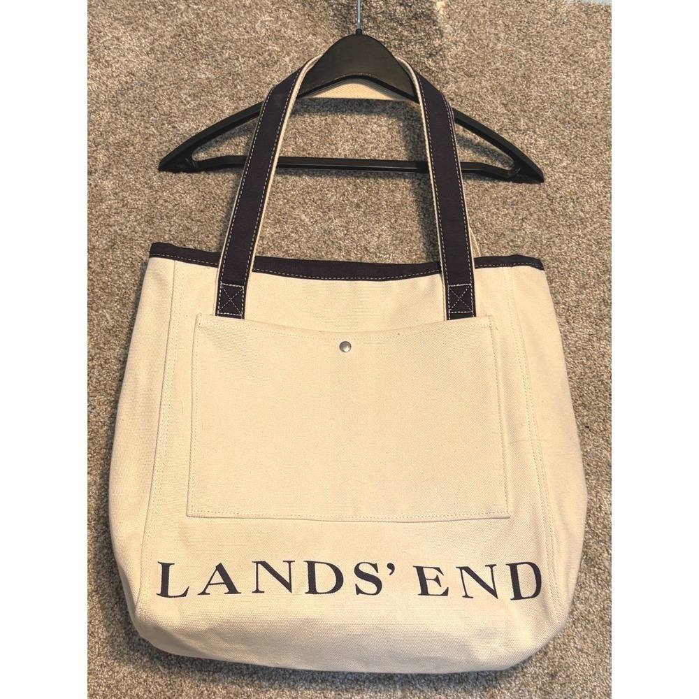 Lands' End Tote Bag Large Natural Navy Canvas Logo Pocket Travel Carryall Beach